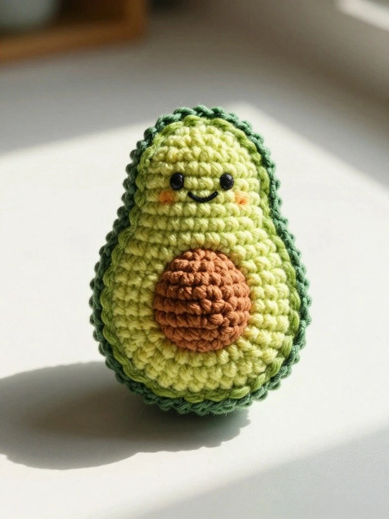 Crocheted green avocado plush toy with brown pit, smiling face, and pink cheeks on a white surface.