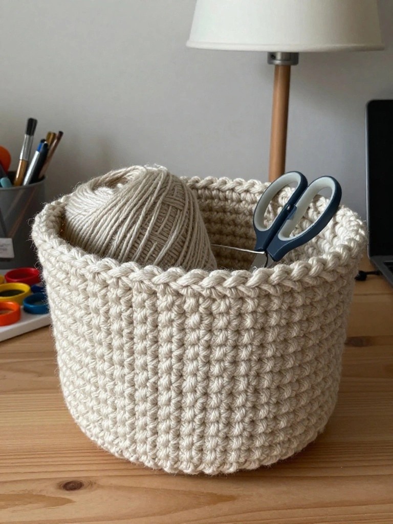 Creamy off-white crocheted basket on a wooden desk, holding a yarn ball and scissors amid art brushes and pens.