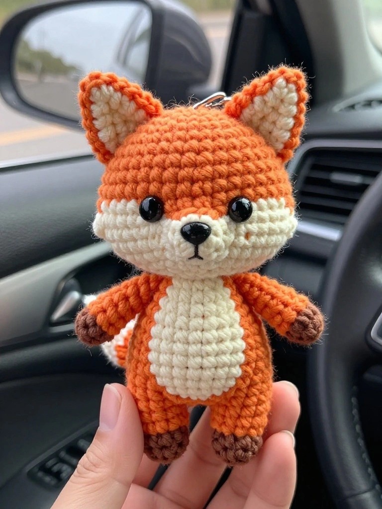 A hand holds a small orange crocheted fox plushie with white accents and a keychain loop, hanging inside a car from the rearview mirror.