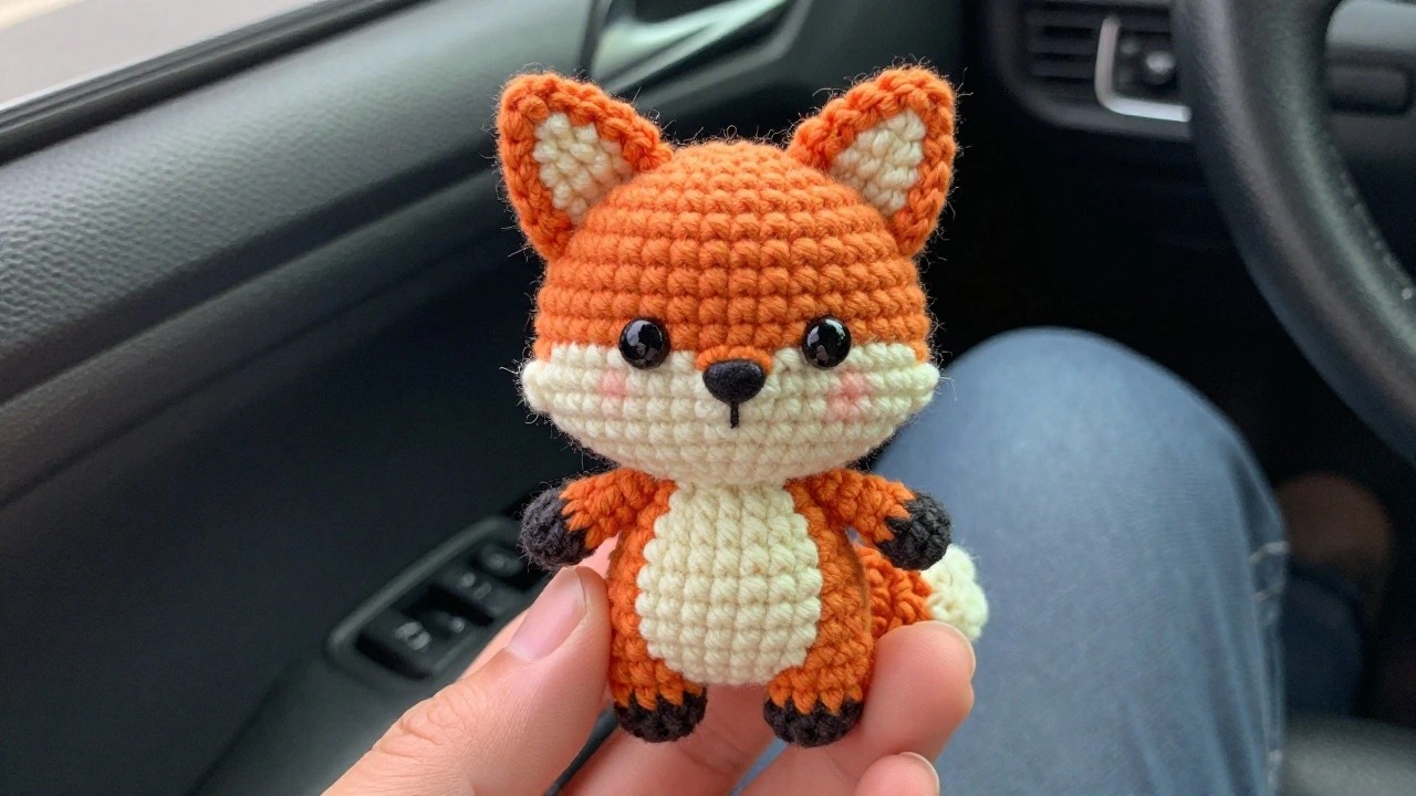 A hand holds a small orange crocheted fox plushie with white accents and a keychain loop, hanging inside a car from the rearview mirror.