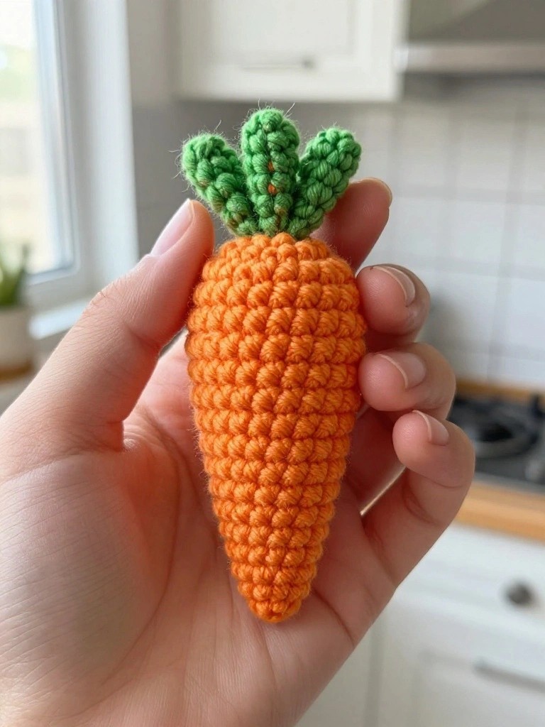 A hand holds a small handmade crocheted carrot in orange yarn with green tops, set against a kitchen tile backsplash.