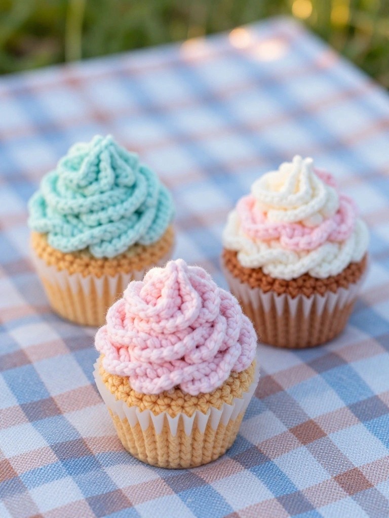 Three plush crocheted cupcakes with swirled teal, white, and pink frosting on pale bases sit on a checkered picnic blanket outdoors.