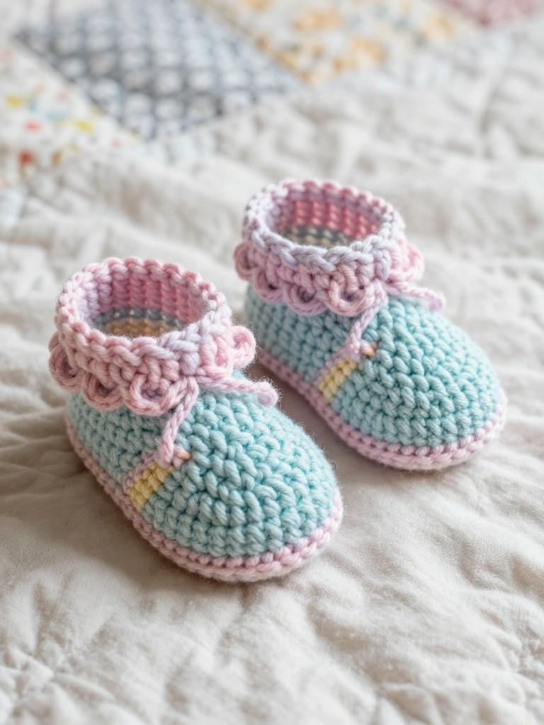Pair of teal crochet baby booties with pink ruffled cuffs, bow ties, and yellow sole stripes on a patchwork quilt.