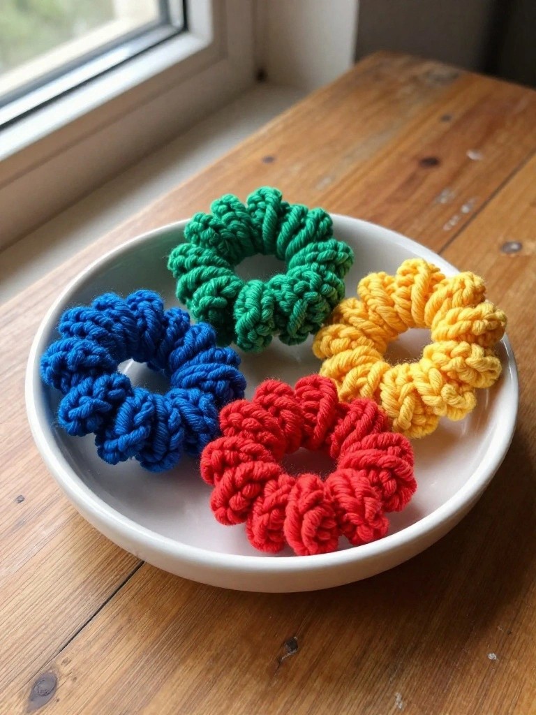 Four crochet scrunchies in green, blue, red, and yellow sit bunched in a white bowl on a wooden table near a window.
