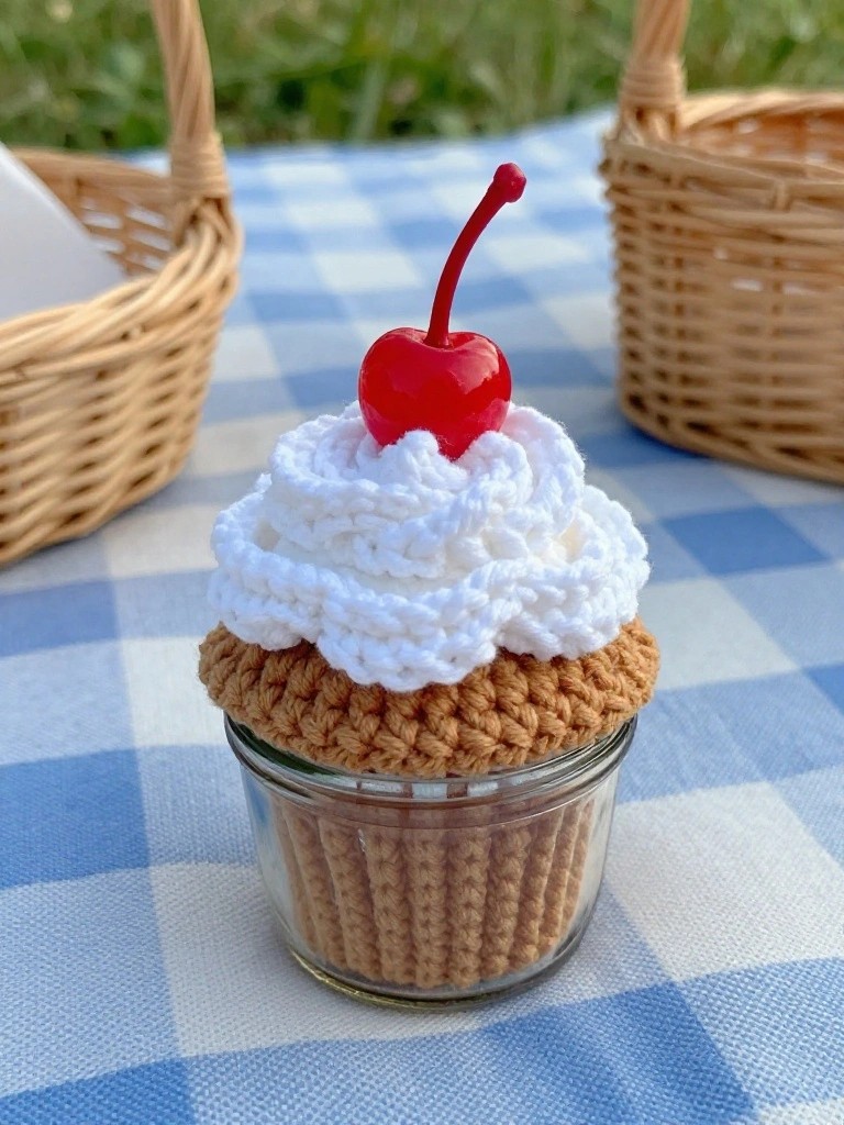 Crocheted tan cupcake base with white swirled frosting and red cherry tops a small glass jar on a checkered picnic cloth next to wicker baskets.