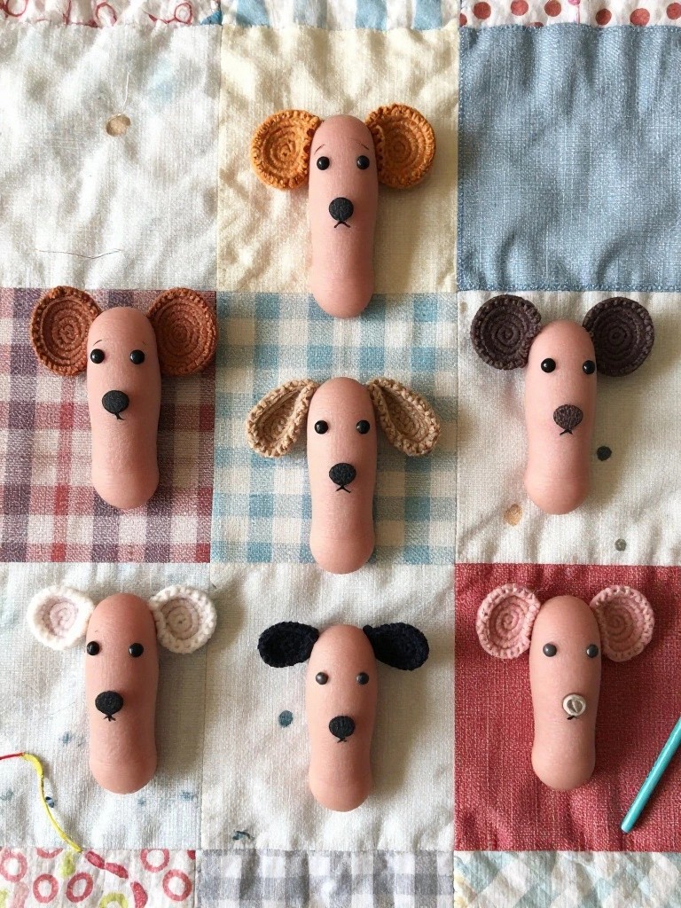 Six crochet dachshund finger puppets in orange, brown, blue, pink, white, and black arranged on a colorful patchwork quilt with a pencil nearby.