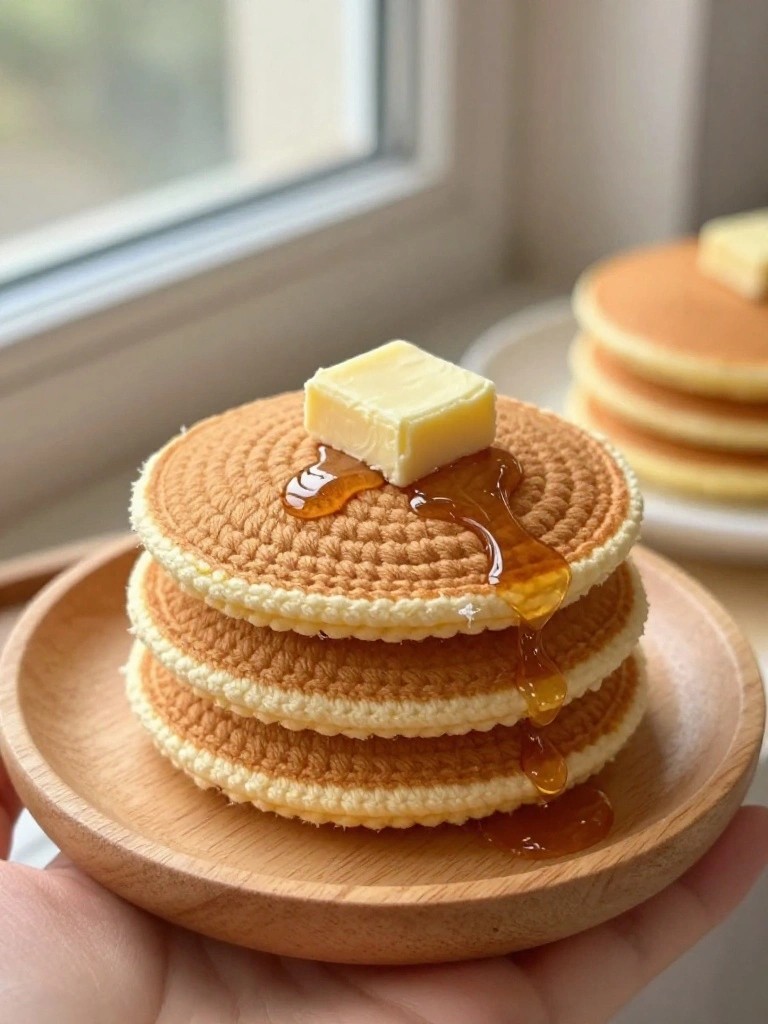 A hand holds a wooden plate with a realistic stack of three crochet pancakes topped by a butter pat and dripping syrup, set against a bright window background.