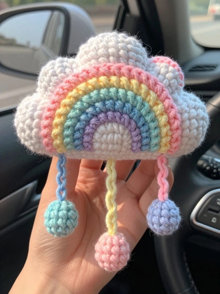 Handheld crocheted white cloud ornament with pastel rainbow arch and three dangling chains tipped with small colored balls, shown in front of a car dashboard.