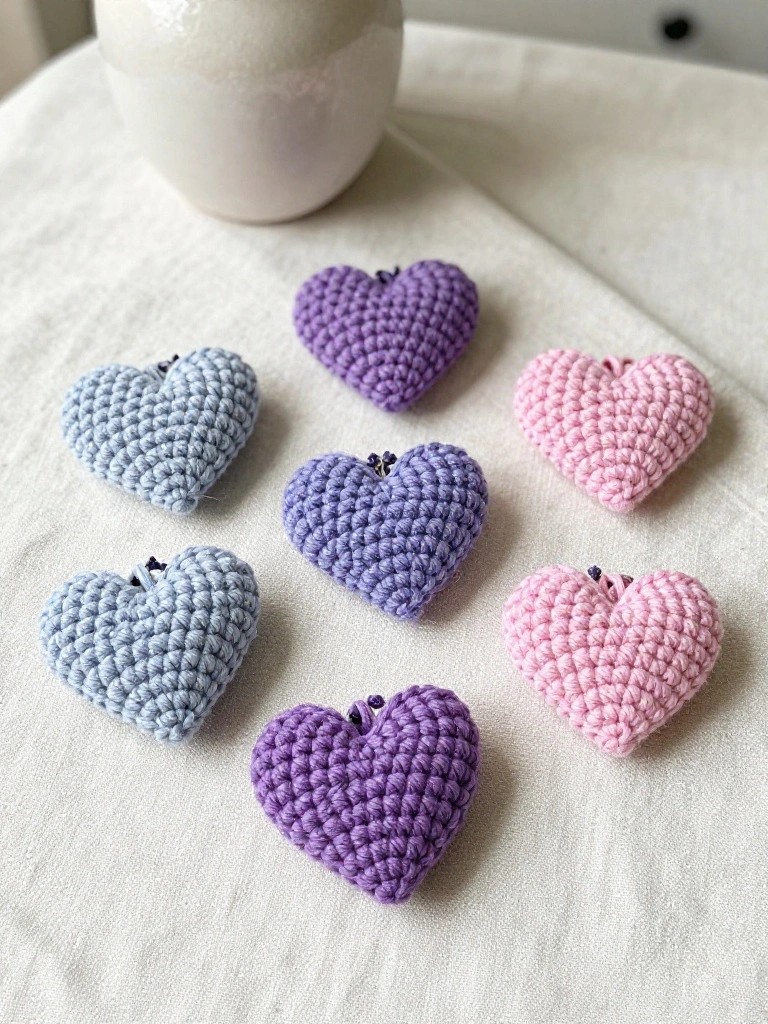 Group of small crocheted hearts in purple, blue, and pink with metal pin backs arranged on a white tablecloth beside a vase.