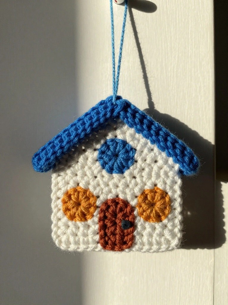 A small crocheted house ornament in white with a blue roof, orange circle windows, brown door, and blue hanging loop against a white wall in soft sunlight.