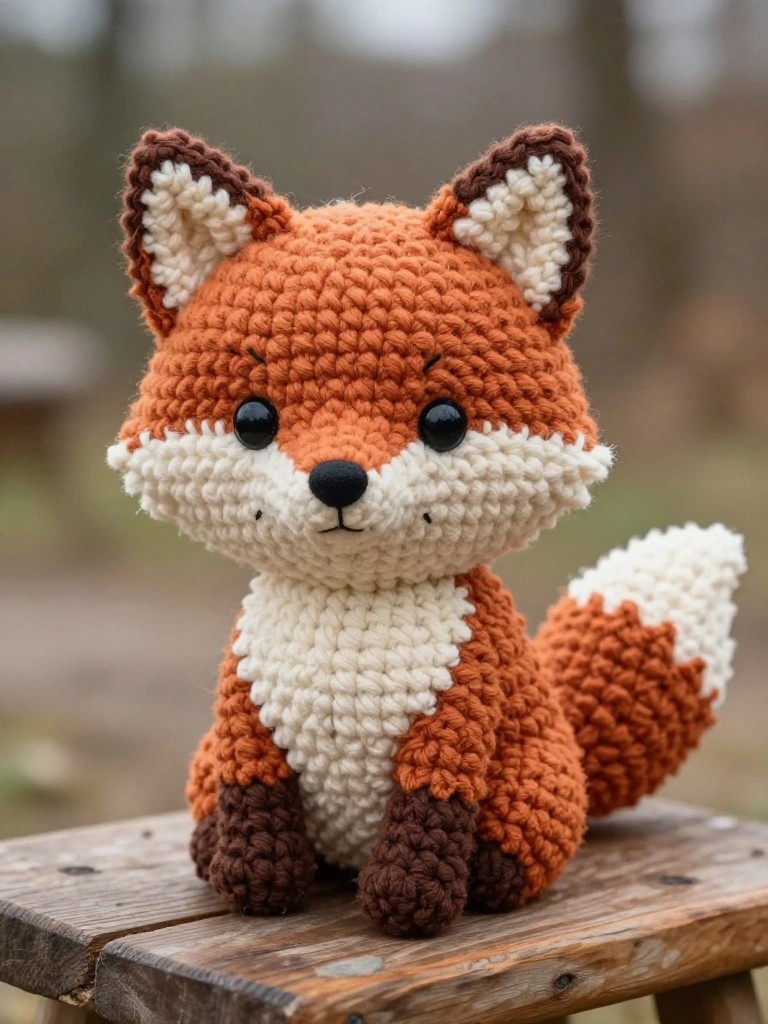 Crocheted orange fox plush with white accents on muzzle, chest, and tail tip, big black eyes, and fluffy textured stitches, sitting on a wooden bench in a blurred forest background.
