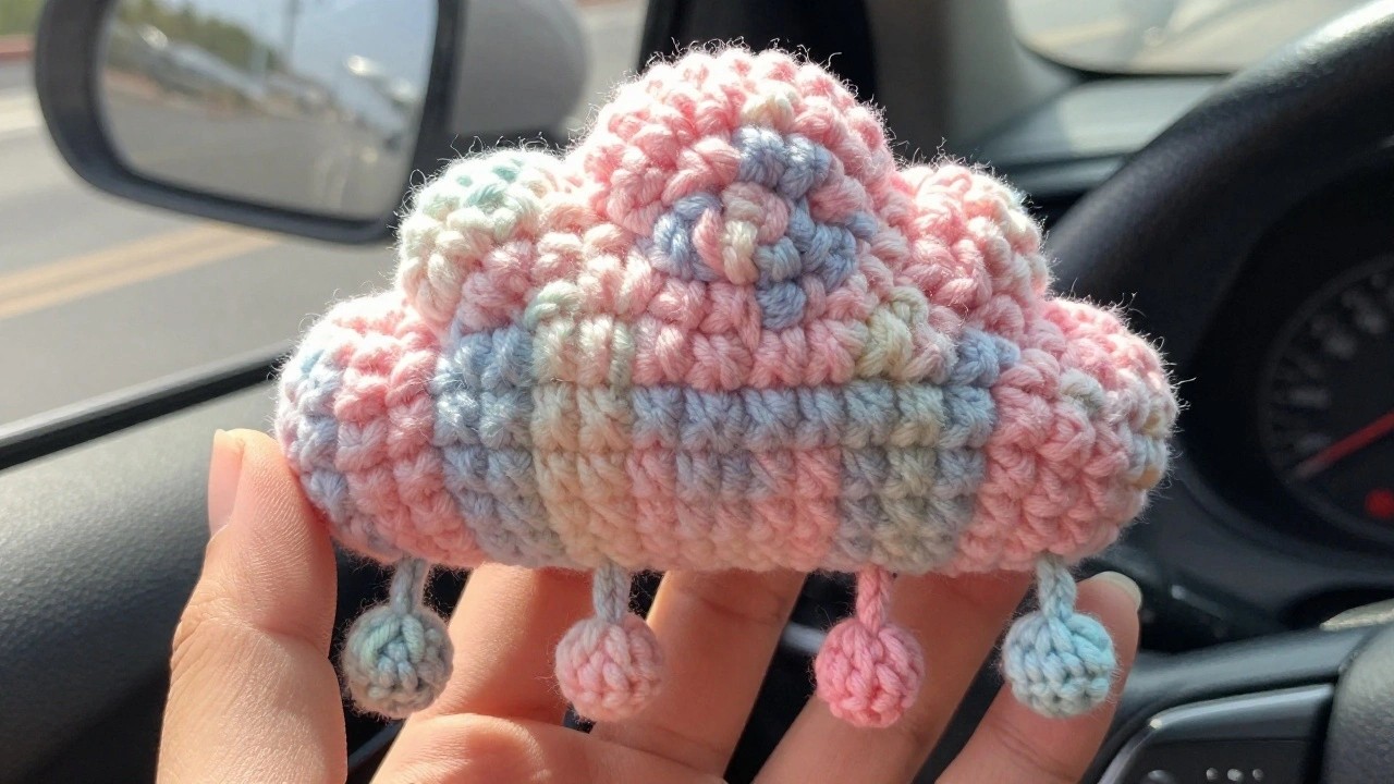 Handheld crocheted white cloud ornament with pastel rainbow arch and three dangling chains tipped with small colored balls, shown in front of a car dashboard.