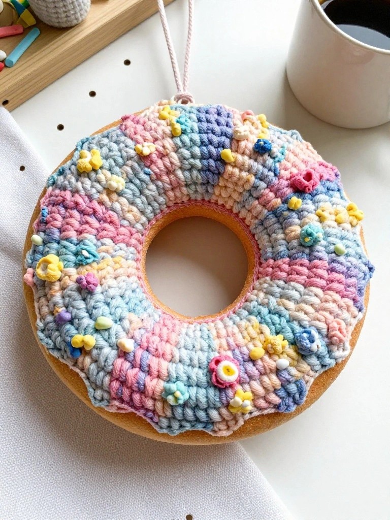 A multicolored crocheted donut ornament with yarn sprinkles and flowers hangs from a pink cord on a white surface next to a coffee mug and colored pencils.