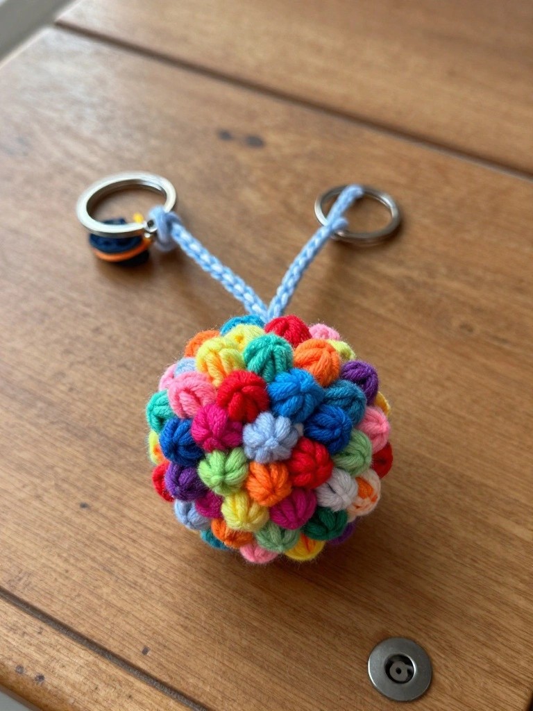 Handmade crocheted rainbow ball keychain with fuzzy texture, blue cords, and metal rings displayed on a wooden table.