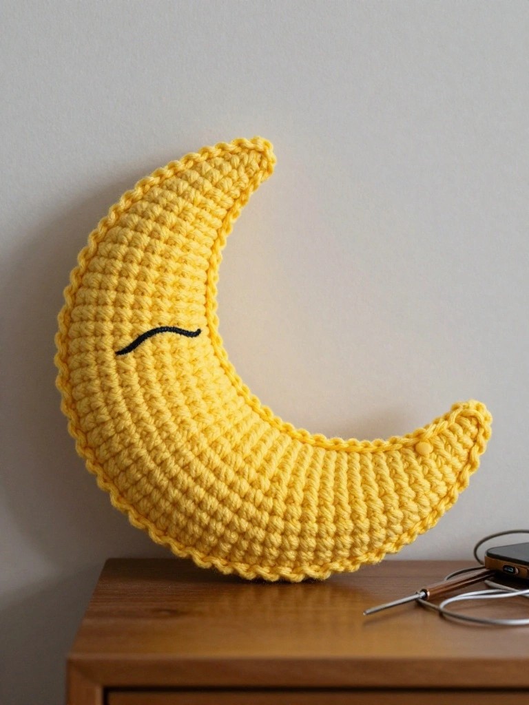 Bright yellow crocheted crescent moon plush with a black embroidered sleepy eye, hanging on a white wall beside a wooden table with craft tools.