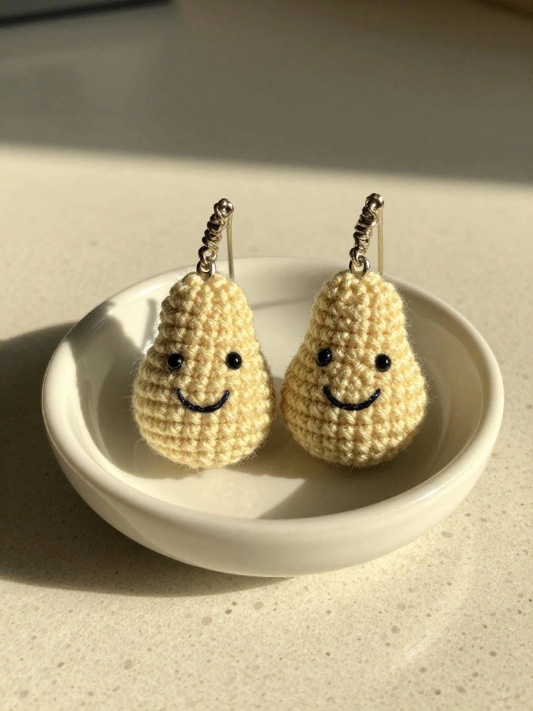 Two yellow crochet pear earrings with happy embroidered faces dangling from silver hooks inside a white bowl on a sunlit surface.