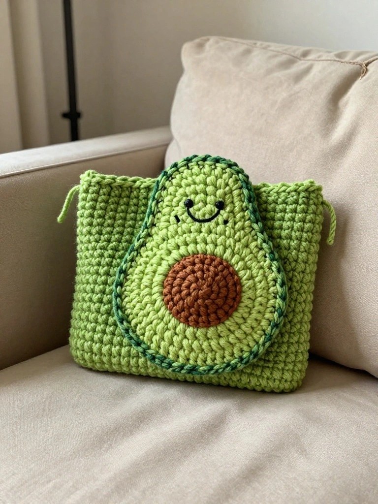 A handmade green crochet bag shaped like a smiling avocado with a brown pit, strap handles, and textured stitches, placed on a beige couch.