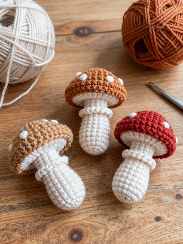 Three plush crocheted mushrooms with white stems and spotted brown and red caps on a wooden table beside white and brown yarn balls and a crochet hook.