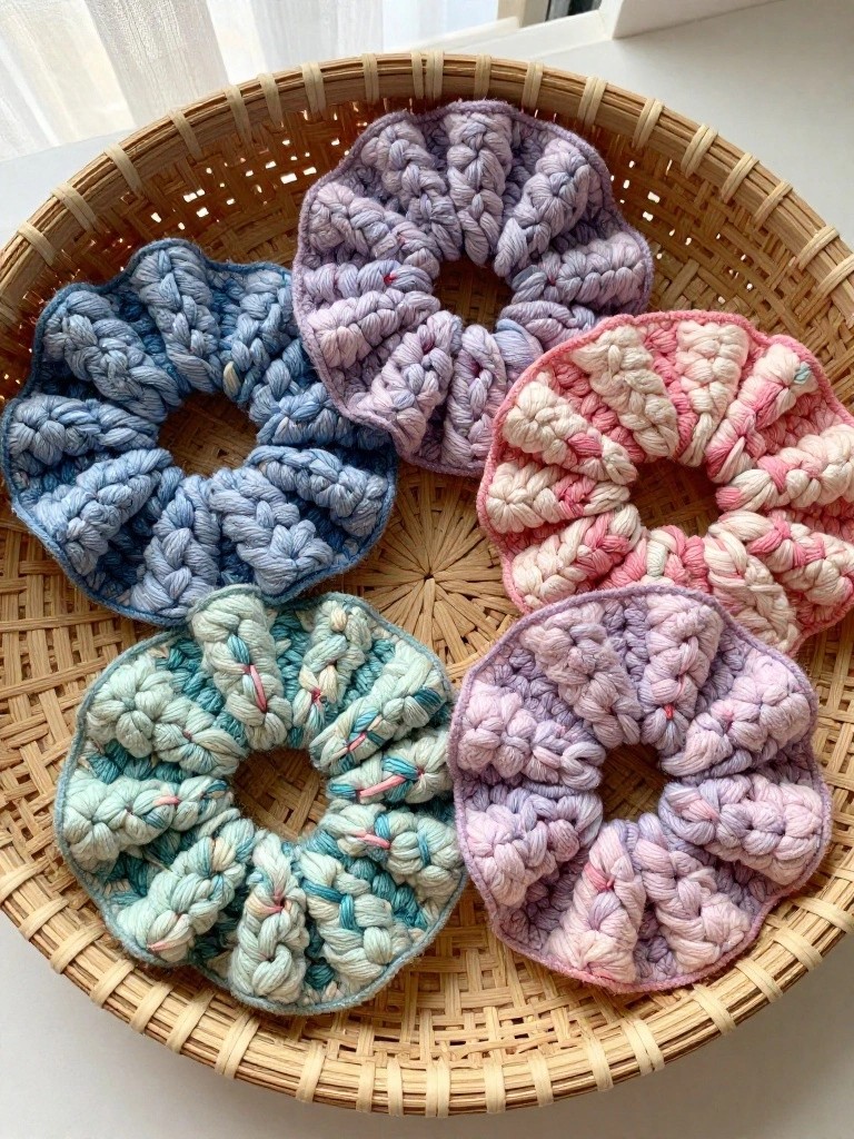 A woven basket displays six crocheted scrunchies in purple, blue, pink, and teal shades with textured stitches.