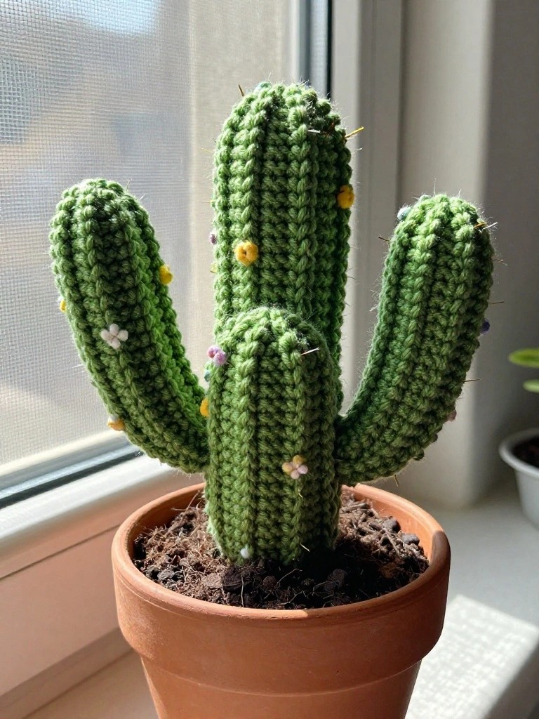 A handmade green crochet cactus with three arms, tiny colorful flowers, and pin spines sits in a terracotta pot on a windowsill next to other plants.