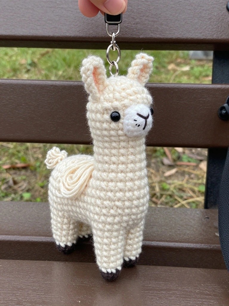 A hand holds a metal keychain clip attached to a small white crocheted llama plush with big black eyes, curly tail, and fuzzy texture, posed on an outdoor wooden bench.