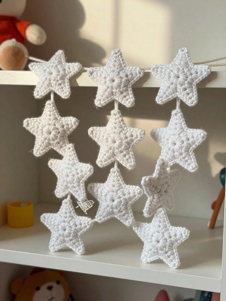White crocheted stars strung together as a garland draped over a nursery shelf with teddy bears and toys nearby.