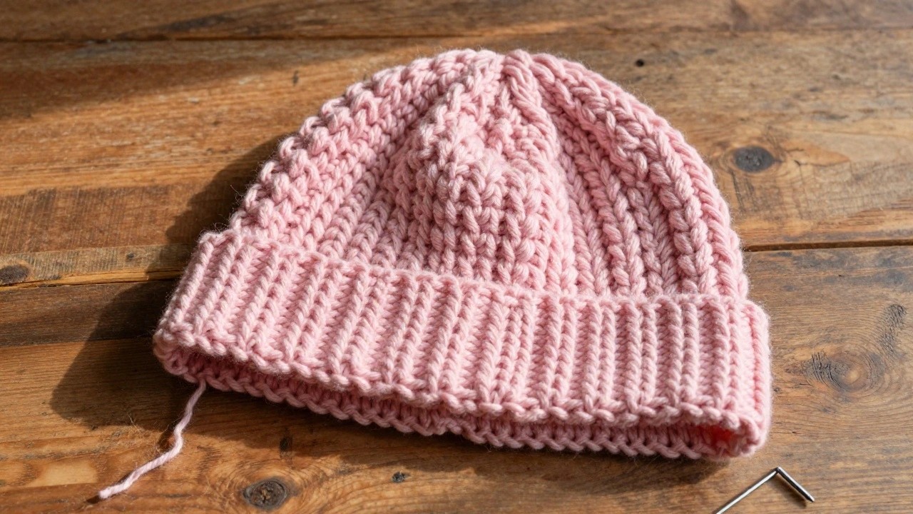 A handmade pink chunky knit beanie hat with a large matching fluffy pom-pom on top, resting on a wooden table in soft sunlight.
