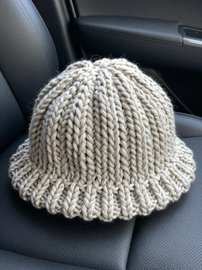 Light gray chunky knit bucket hat with wide ribbed brim placed on a black leather car seat.