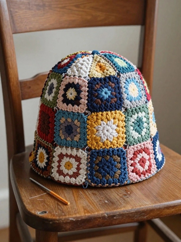 Handmade crochet bucket hat made of colorful granny squares in yellows, blues, greens, and whites, placed on a wooden chair with a crochet hook and yarn tail visible.