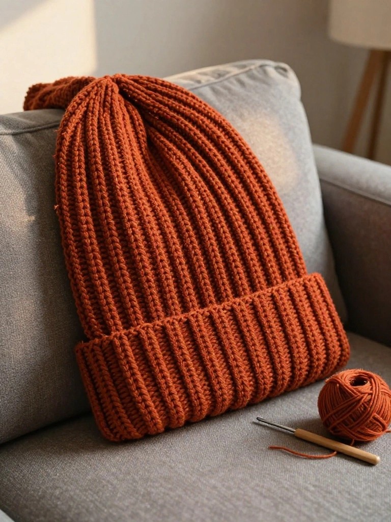 Rust-orange crochet beanie with thick ribbing draped over a gray couch arm, next to a matching yarn ball and wooden crochet hook.