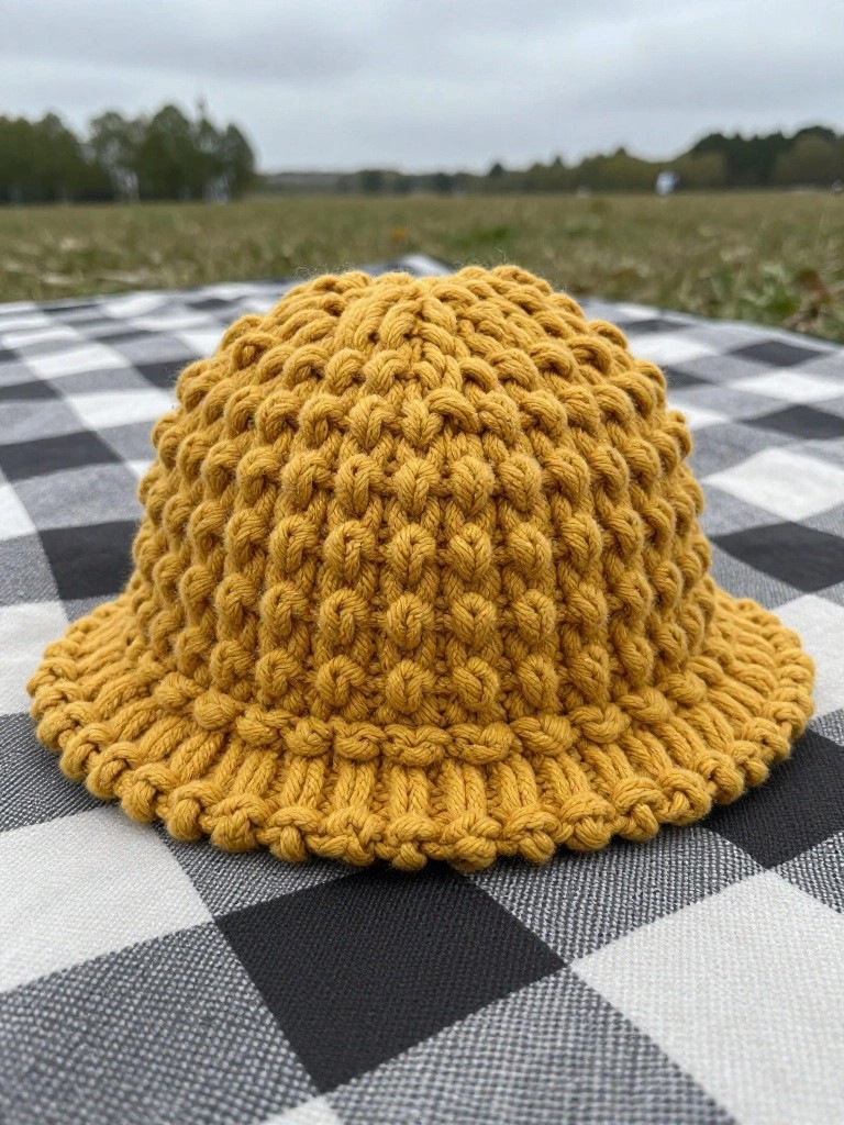 A golden yellow crocheted bucket hat with bumpy textured stitches sits on a checkered picnic blanket in a fall field.