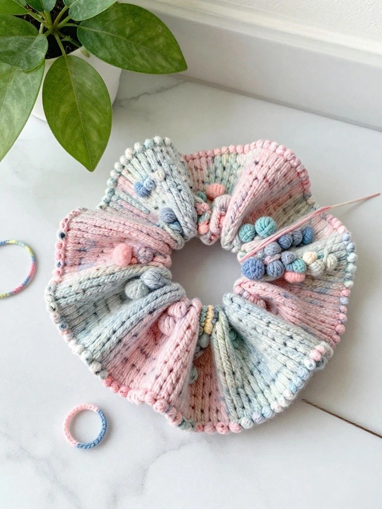 Close-up of a handmade crochet scrunchie in pink, blue, and lavender yarns covered in small matching bobbles, displayed on a white surface with tiny scrunchie rings and a green plant nearby.