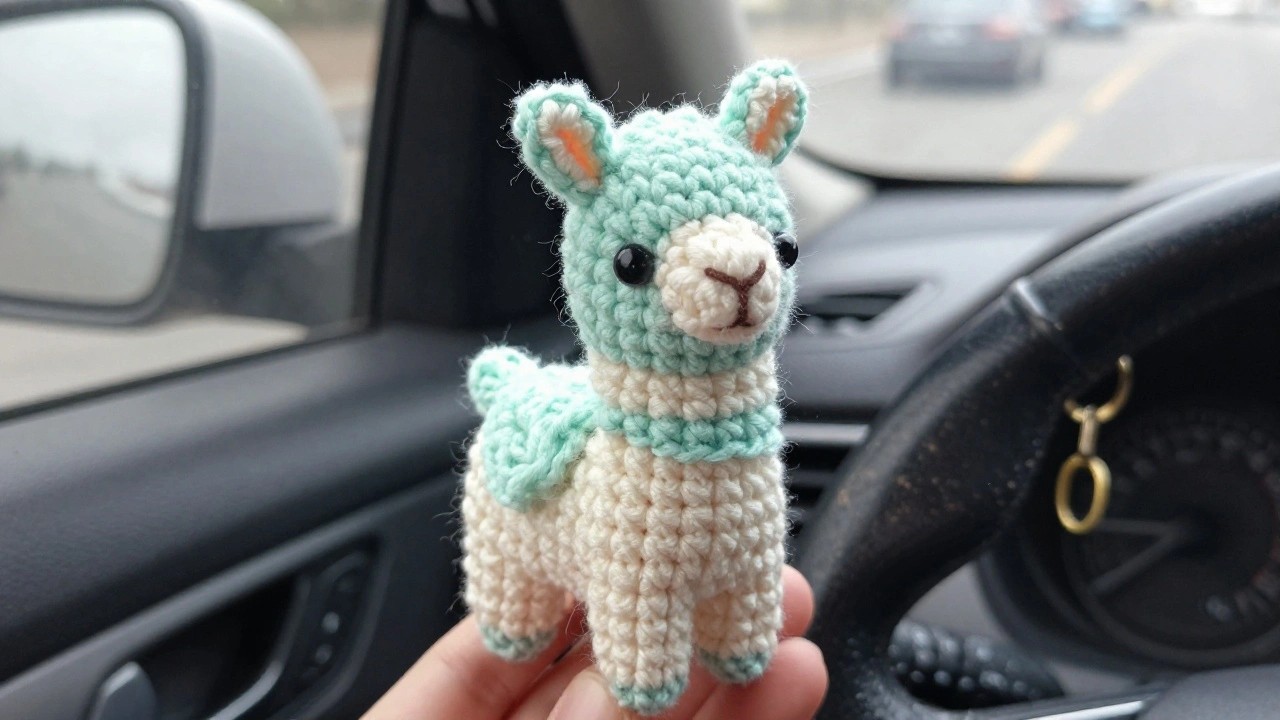 Crocheted white llama with mint green ears, wings, and neck accents hanging from a gold keychain ring in a car interior.