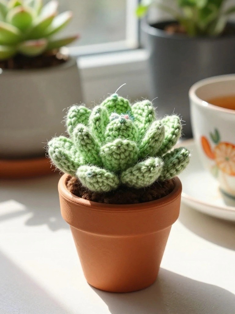 A handmade crochet succulent in green fuzzy yarn with pink bead accents sits in a small terracotta pot on a saucer, next to a teacup on a sunlit white surface.