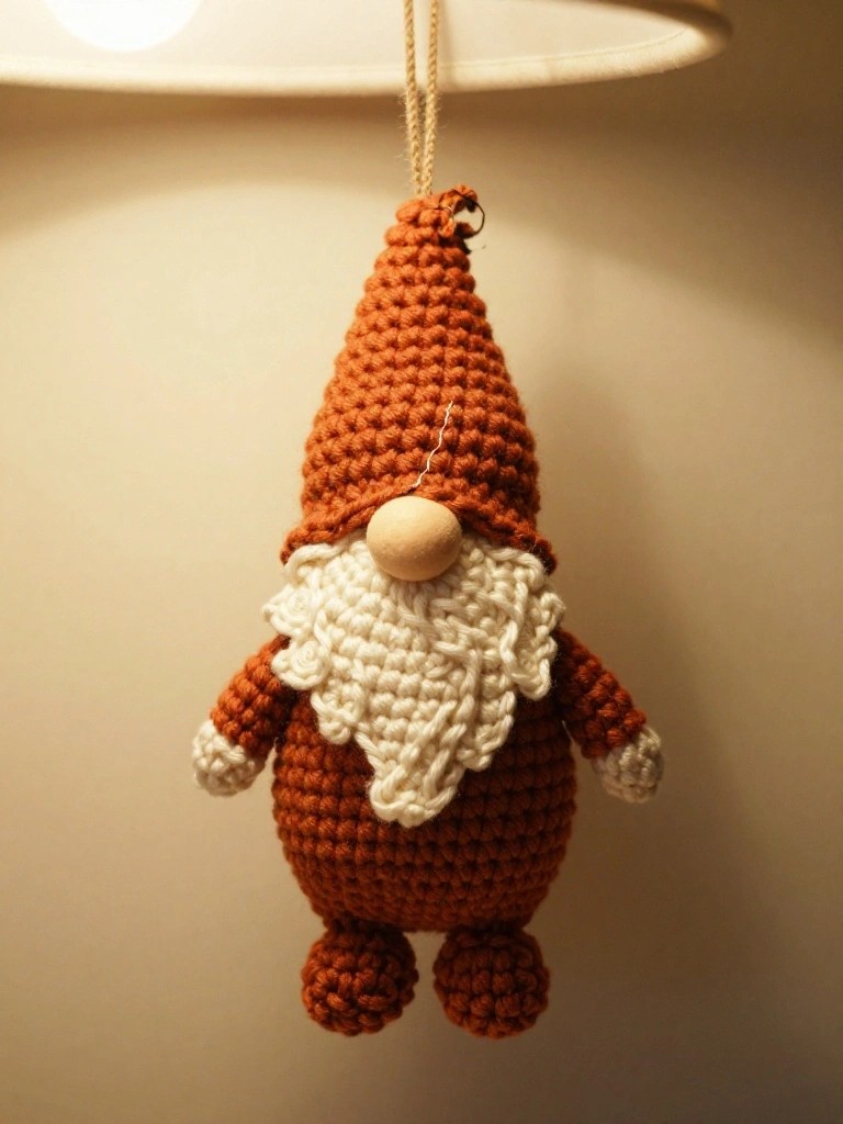 Rust-orange crocheted gnome with red hat, white beard, wooden nose, and hanging cord against a lit background