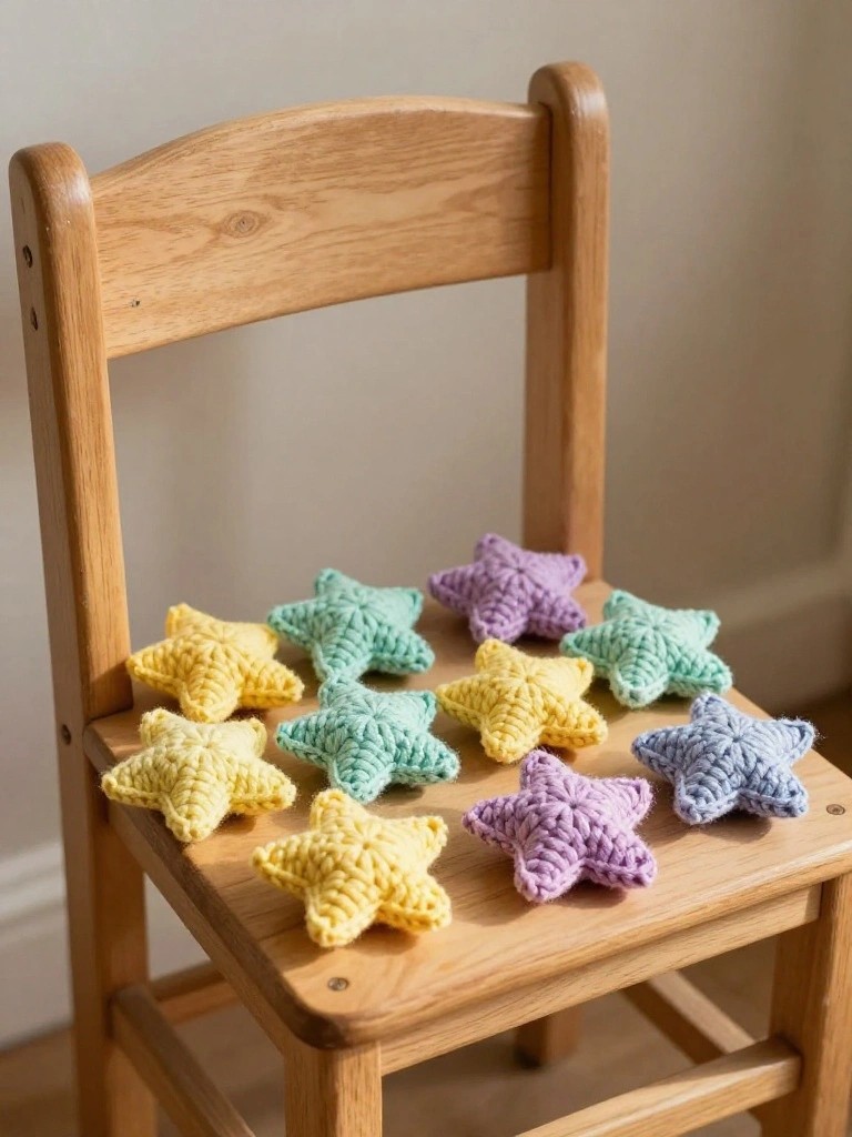 Small crocheted stars in pastel yellow, mint green, and purple sit arranged on and around the seat of a wooden child's chair.