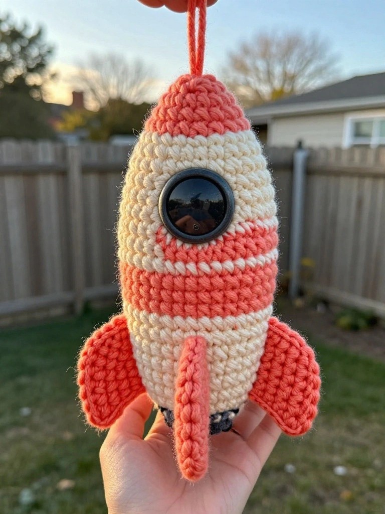 A hand holds a handmade crocheted rocket ship ornament in red and white stripes with a black window, hanging from a red loop outdoors on grass near a fence.