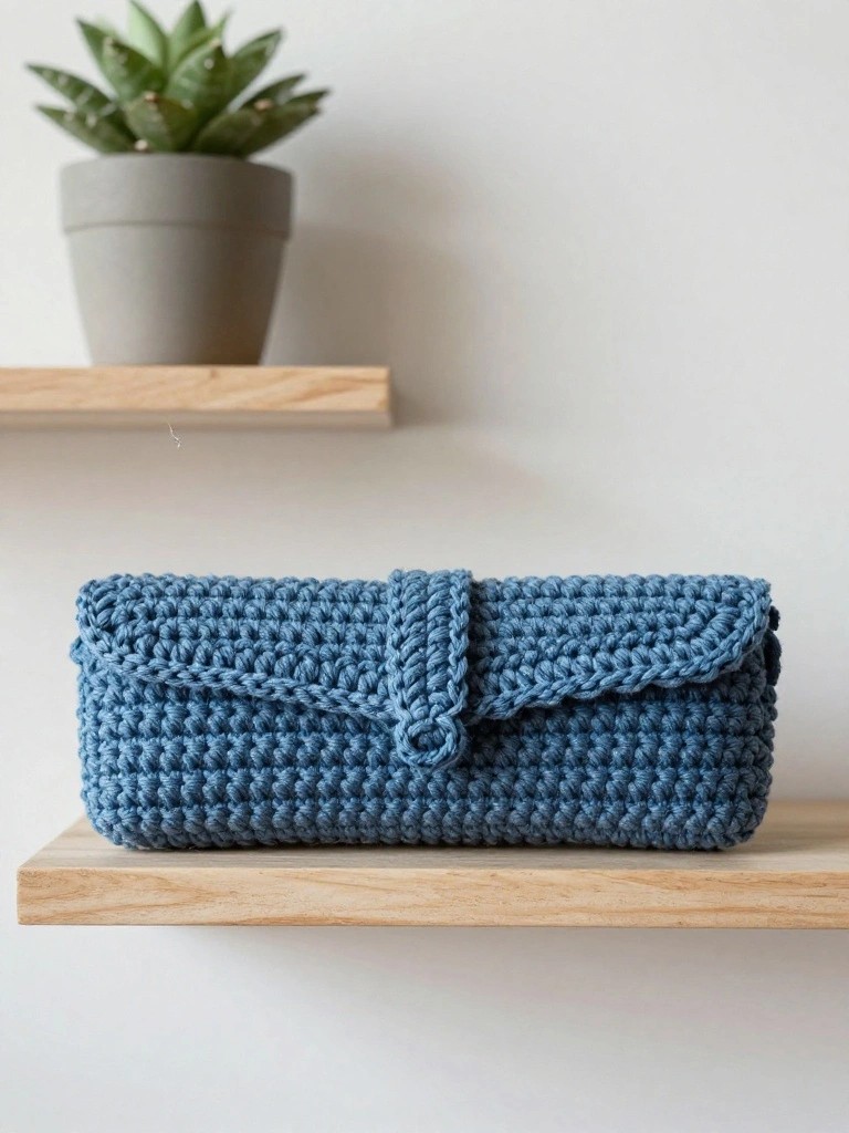 Teal blue crocheted rectangular clutch bag with textured stitches and button-flap closure on wooden shelves beside a potted succulent plant.