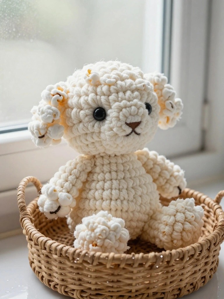 A crocheted white lamb plush with curly yarn tufts on its ears, head, tail, and paws sits in a wicker basket by a window, featuring black button eyes and nose.