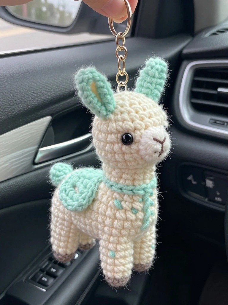 Crocheted white llama with mint green ears, wings, and neck accents hanging from a gold keychain ring in a car interior.