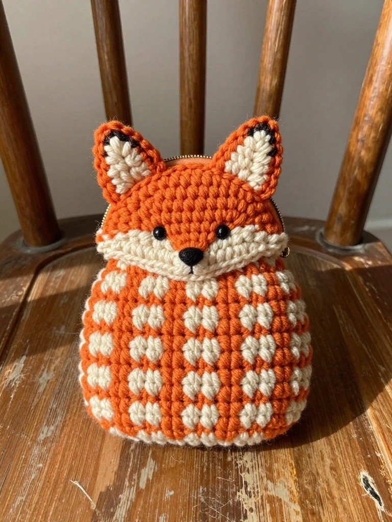 Handmade orange fox-shaped crochet pouch with white bobble accents and a top zipper, sitting on a wooden chair in sunlight.