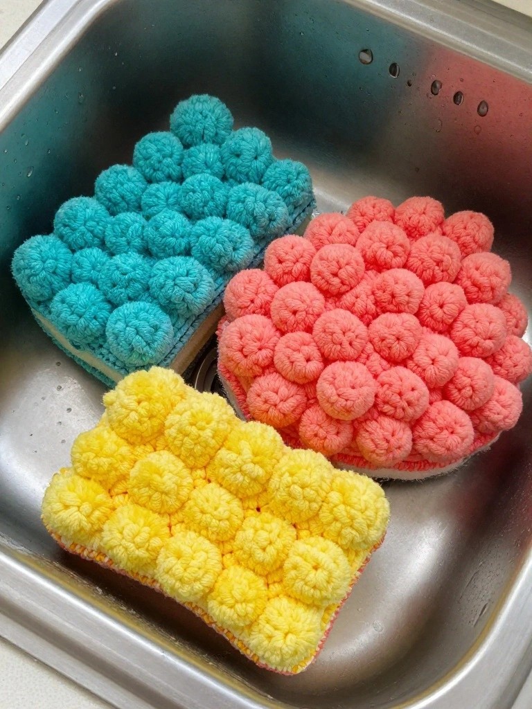 Three handmade crochet scrubbers with dense bobble textures in teal, coral orange, and yellow sit damp in a kitchen sink.