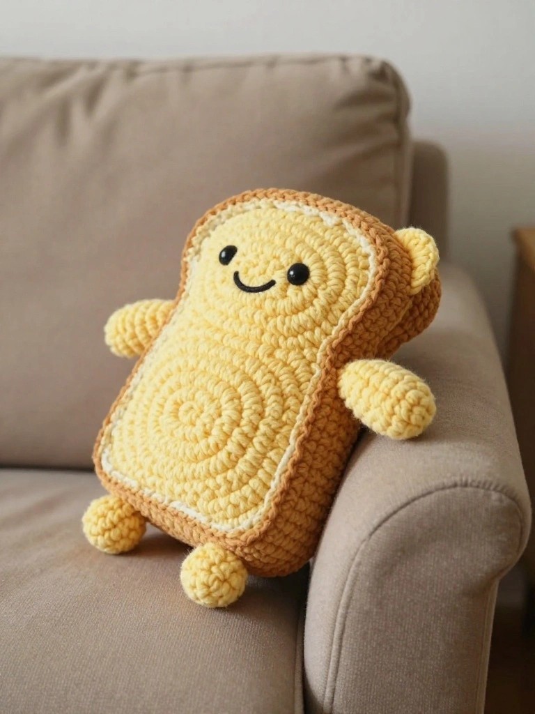 Handmade yellow crochet plush toy shaped like a slice of toast with bear ears, big eyes, a smile, arms, legs, and brown crust edges, perched on a beige couch.
