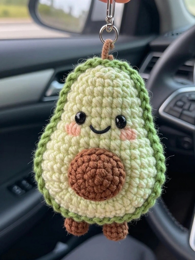 A plush crocheted avocado with big eyes, pink cheeks, and a brown pit hangs from a keyring on a car rearview mirror.
