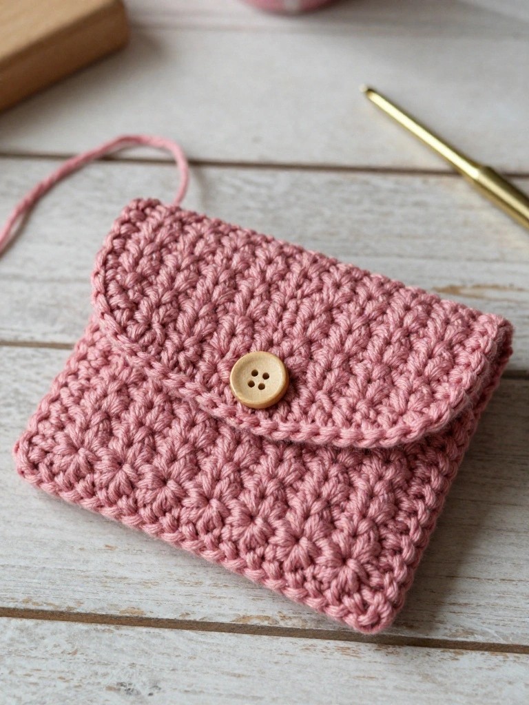 Handmade pink crocheted foldover pouch with tan wooden button on a wooden table next to yarn and a gold crochet hook.
