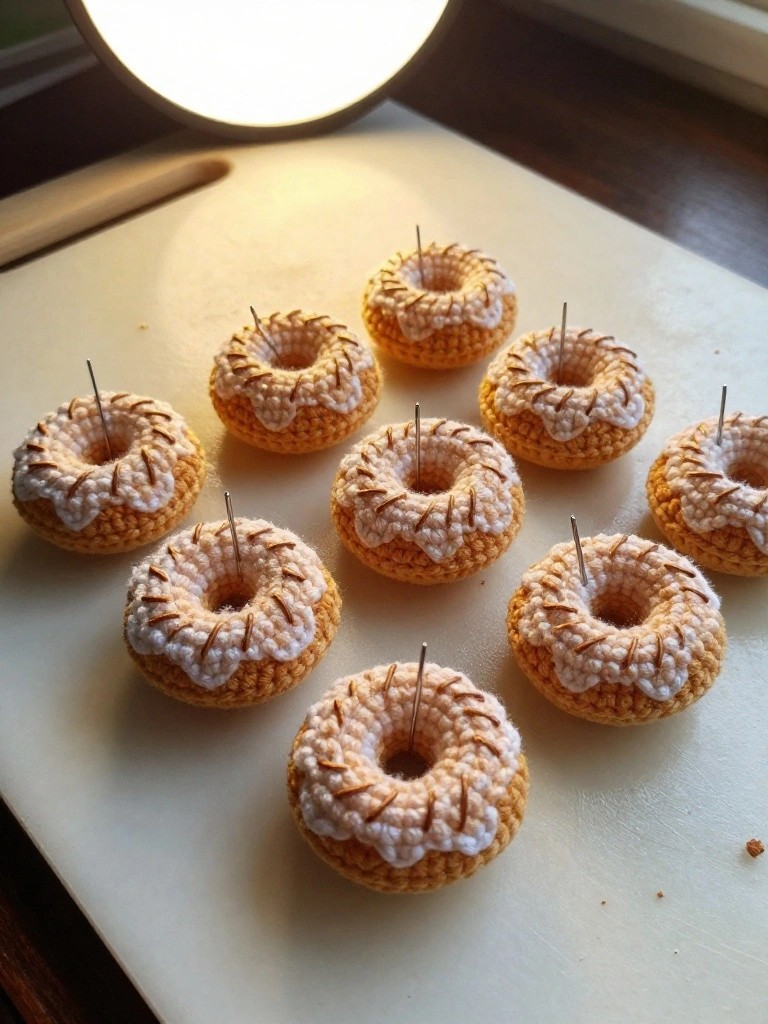 Nine tiny beige crocheted donuts topped with white textured icing and pins inserted in the centers, arranged on a white cutting board under warm lighting.
