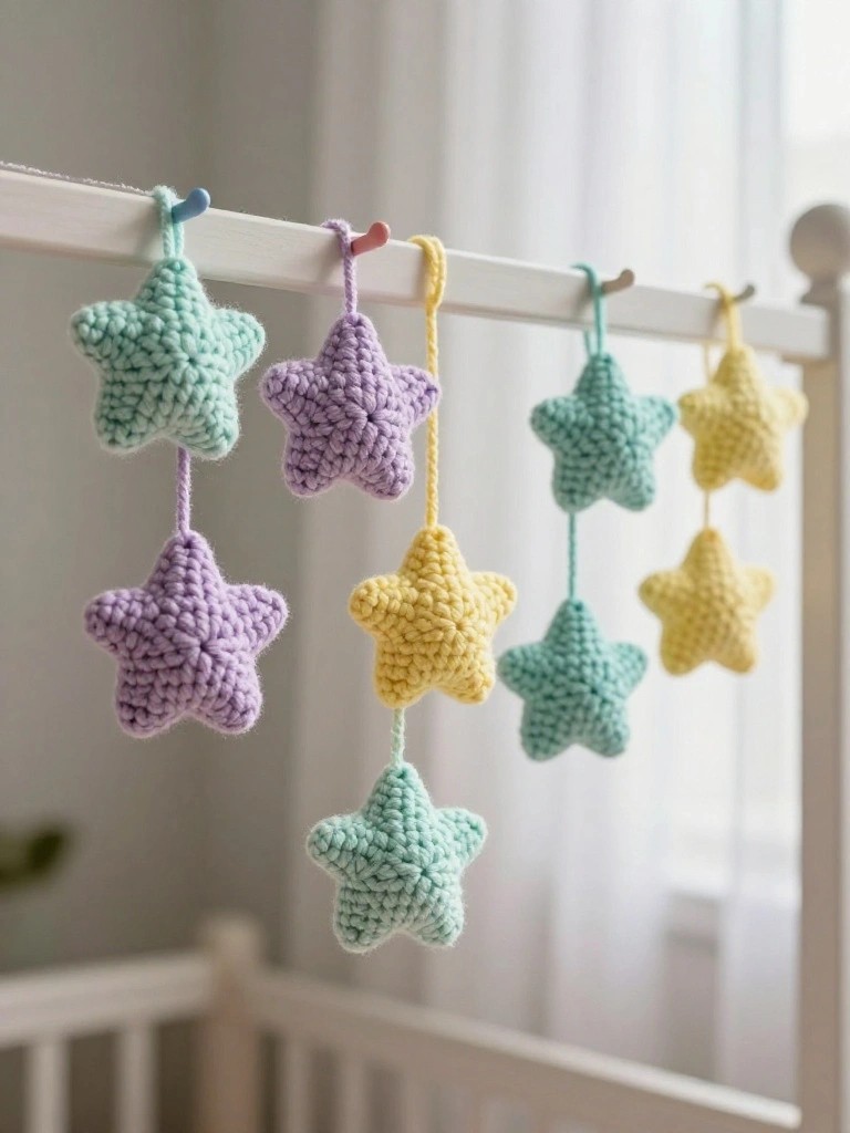 Plush crochet stars in mint green, purple, and yellow hanging from clips on a white wooden crib rail.