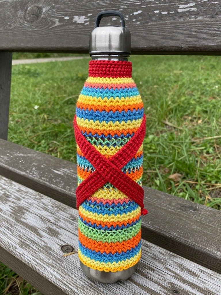 Stainless steel water bottle covered in a rainbow-striped crochet cozy with red X-shaped straps across the front, placed on a weathered wooden bench outdoors.