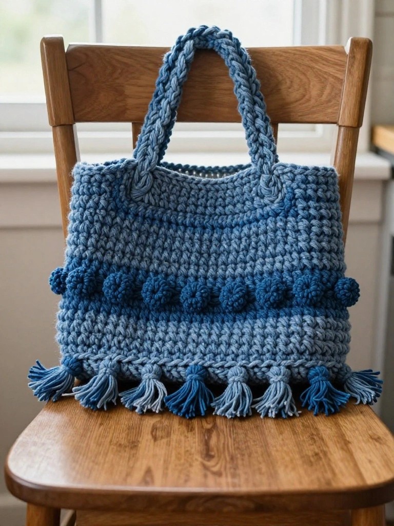 Blue crochet tote bag with darker blue pom poms across the bottom, fringe tassels at the corners, and thick handles draped over a wooden chair near a window.