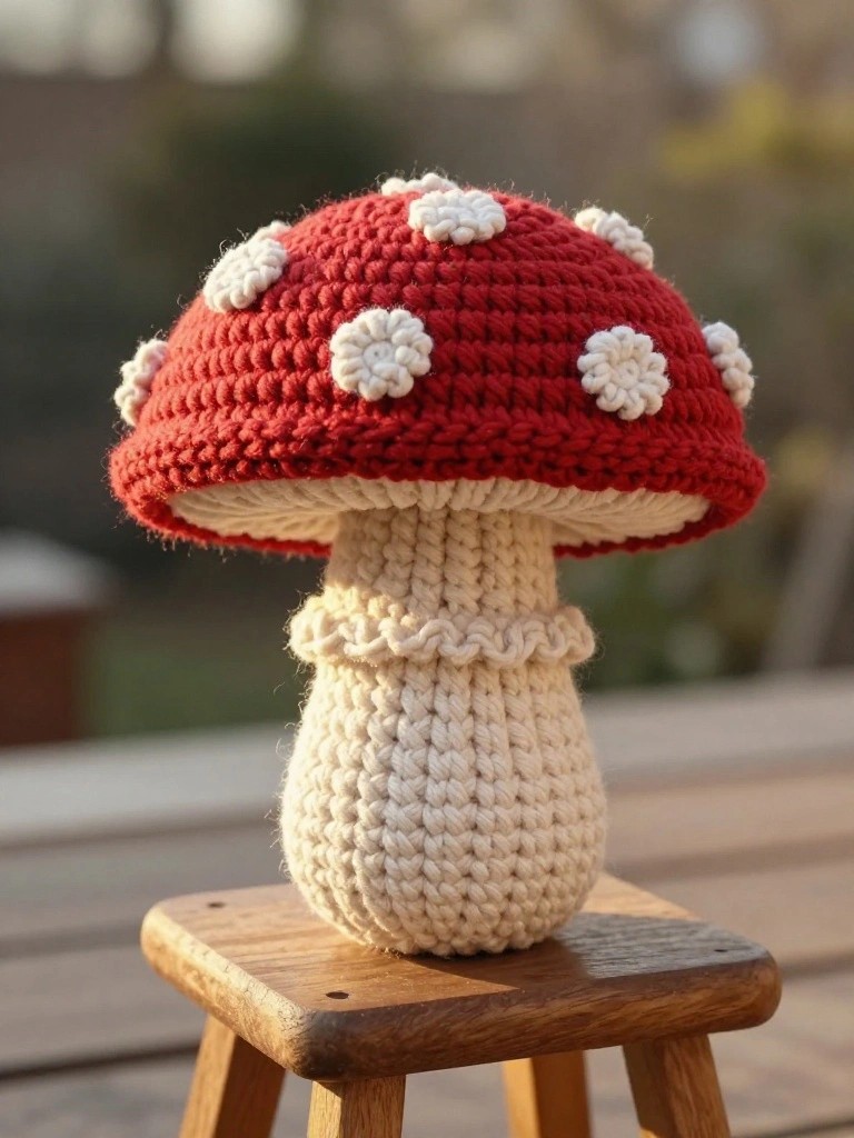 Crocheted red mushroom plush with white spots on the cap, white stem, and ruffled edge, displayed on a wooden stool outdoors.